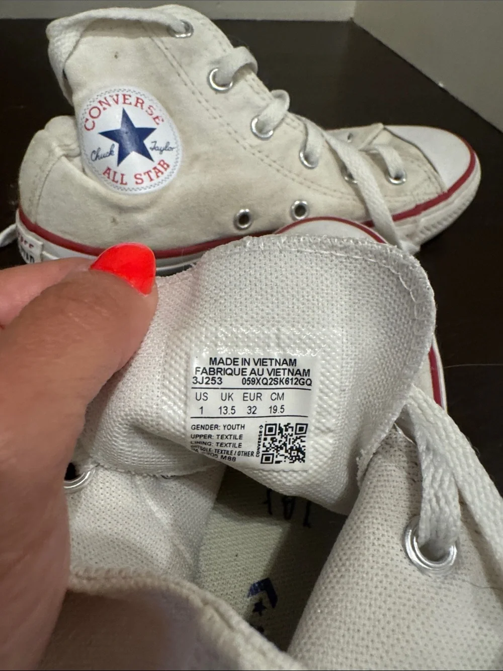 Converse White High Top Sneakers with Red Accent kids size 1
